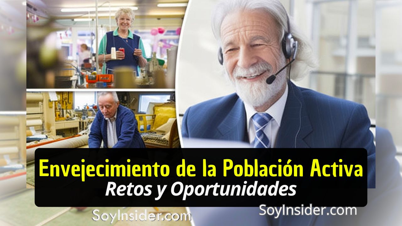 Collage que muestra a personas mayores trabajando en diferentes entornos, incluyendo una mujer en una fábrica, un hombre en un taller y otro en un entorno de oficina usando auriculares. La imagen simboliza la participación activa de personas mayores en el mercado laboral, destacando tanto sus desafíos como oportunidades. En el recuadro inferior se lee el texto: "Envejecimiento de la Población Activa Retos y Oportunidades". y el logo de plum-chimpanzee-928804.hostingersite.com