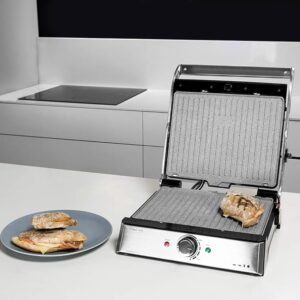 Parrilla eléctrica Cecotec Rock'n Grill Pro con revestimiento de piedra Rockstone, placas extraíbles y reversibles, apertura de 180ª y superficie amplia de 2200 W. ¡Descubre la mejor forma de cocinar tus alimentos con esta increíble parrilla!